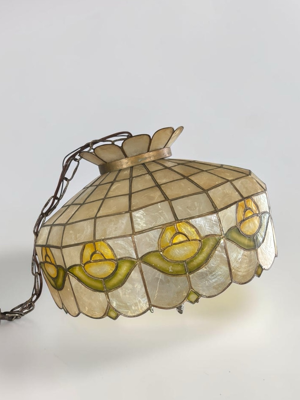Vintage Capiz Shell Hanging Chandelier Ceiling Light Floral 3 Arm 17"